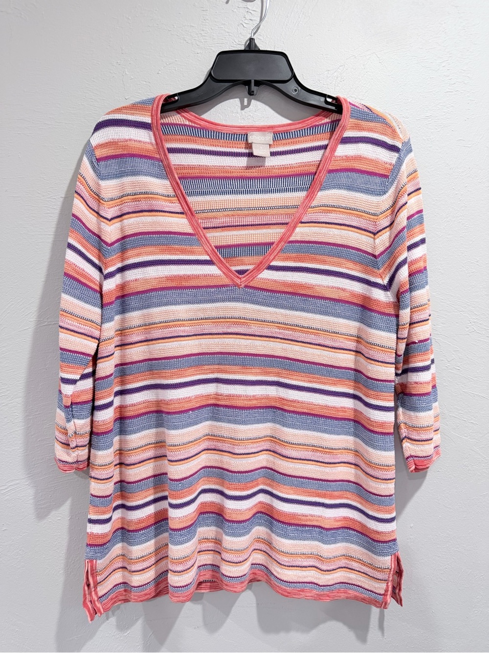 Chico’s Size 3 Multicolor Striped V-Neck Sweater Top 3/4 Sleeve